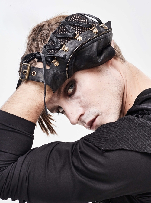 Metal Buckle Side Lace-Up Splice Mesh Black Punk Leather Men Gloves