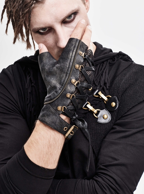 Metal Buckle Side Lace-Up Splice Mesh Black Punk Leather Men Gloves