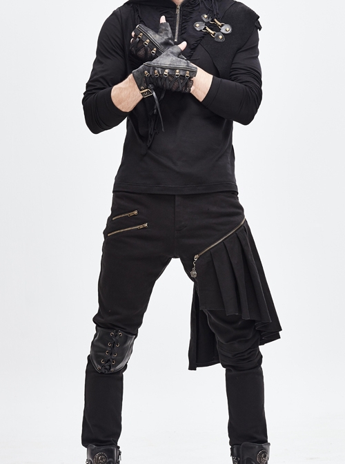 Metal Buckle Side Lace-Up Splice Mesh Black Punk Leather Men Gloves