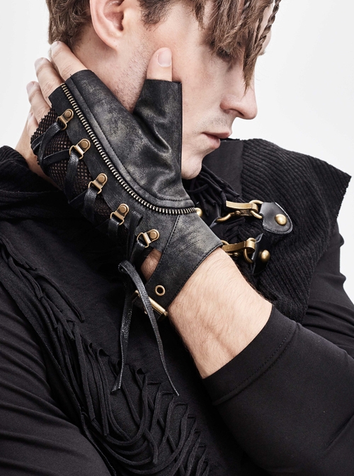 Metal Buckle Side Lace-Up Splice Mesh Black Punk Leather Men Gloves