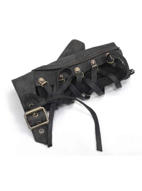 Metal Buckle Side Lace-Up Splice Mesh Black Punk Leather Men Gloves