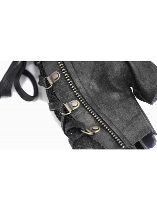 Metal Buckle Side Lace-Up Splice Mesh Black Punk Leather Men Gloves