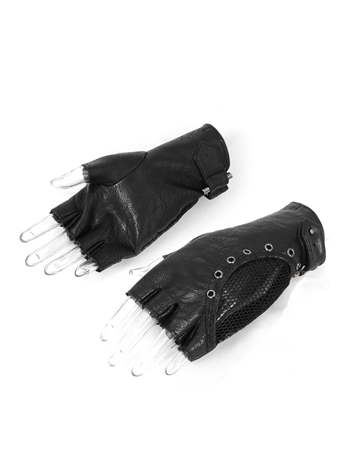 Metal Hasp Metal Eyelets Decoration Splice Mesh Black Punk Short Half-Finger Gloves