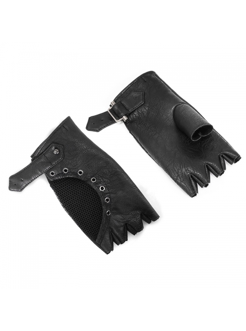 Metal Hasp Metal Eyelets Decoration Splice Mesh Black Punk Short Half-Finger Gloves
