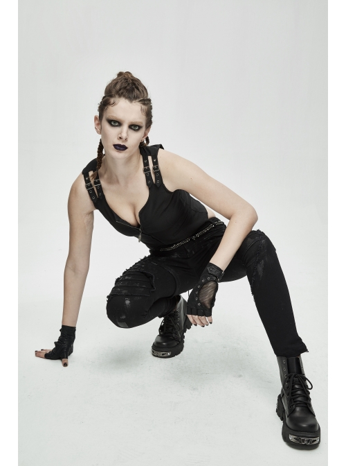 Metal Hasp Metal Eyelets Decoration Splice Mesh Black Punk Short Half-Finger Gloves