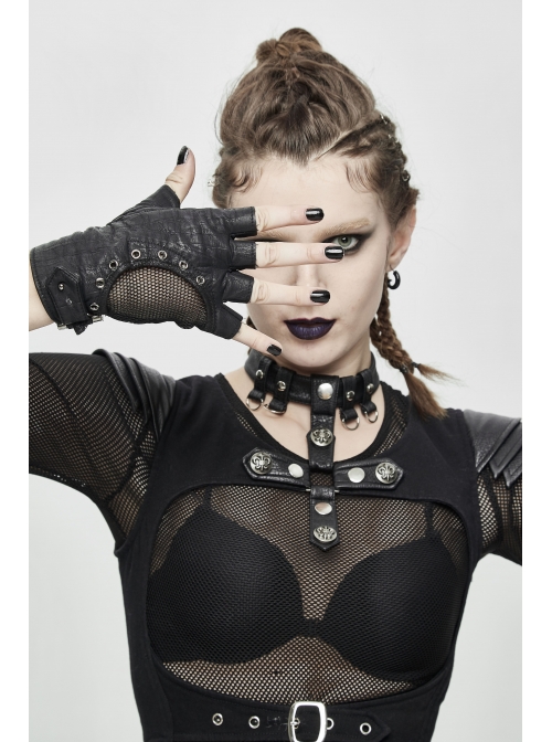 Metal Hasp Metal Eyelets Decoration Splice Mesh Black Punk Short Half-Finger Gloves