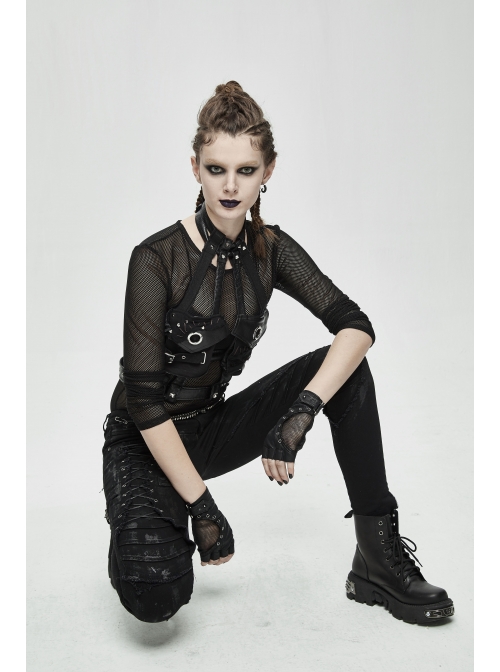 Metal Hasp Metal Eyelets Decoration Splice Mesh Black Punk Short Half-Finger Gloves