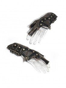 Metal Nail Chain Decoration Brown Punk Leather Gloves