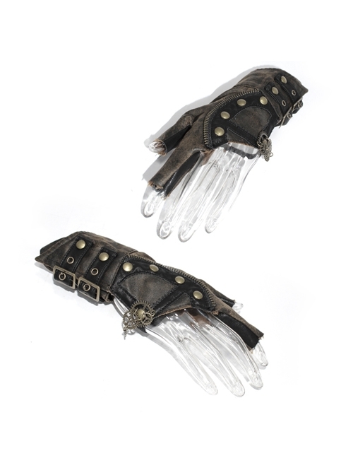 Metal Nail Chain Decoration Brown Punk Leather Gloves