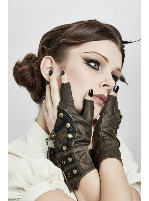 Metal Nail Chain Decoration Brown Punk Leather Gloves