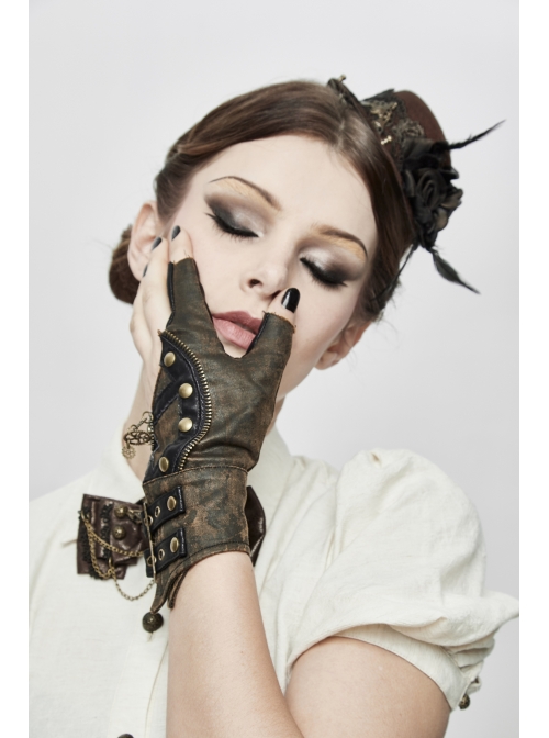 Metal Nail Chain Decoration Brown Punk Leather Gloves