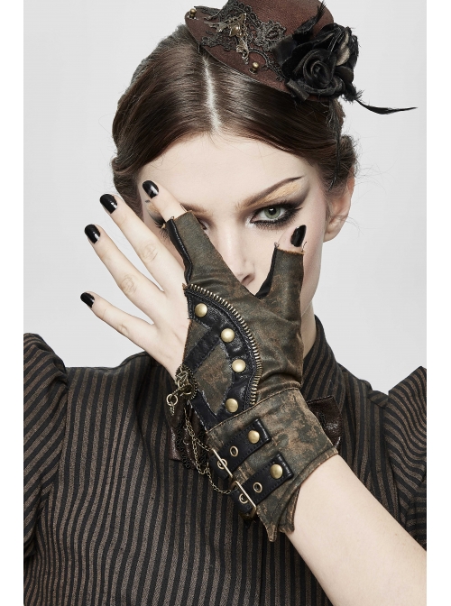 Metal Nail Chain Decoration Brown Punk Leather Gloves