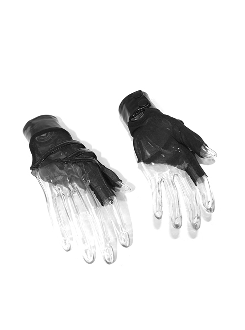 Splice Mesh Black Punk Patent Leather Gloves