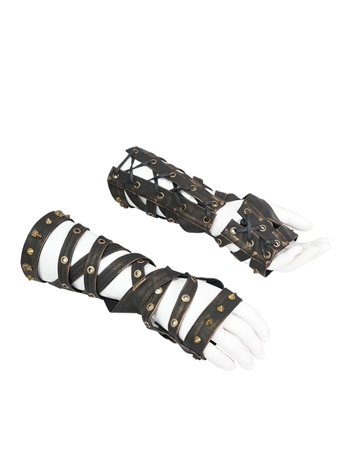 Metal Rivet Leather Strap Lace-Up Brown Leather Gloves