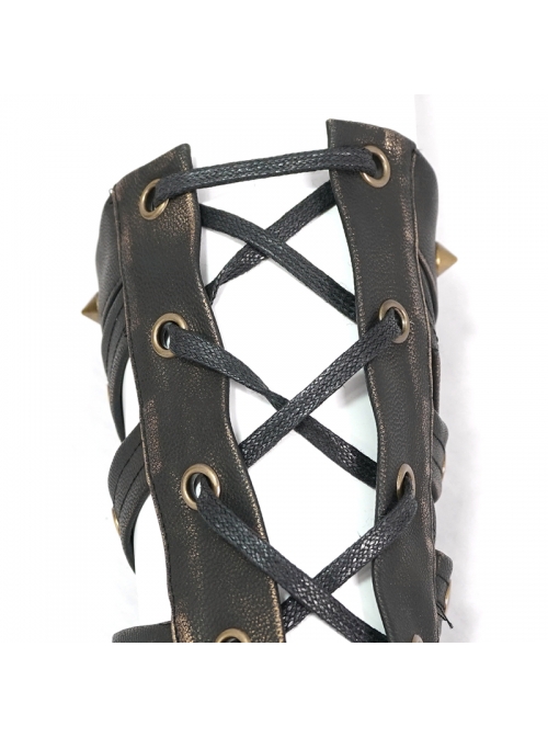 Metal Rivet Leather Strap Lace-Up Brown Leather Gloves