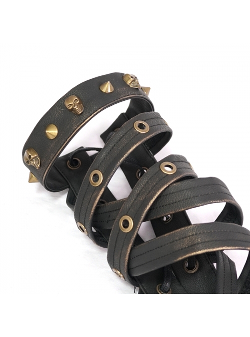 Metal Rivet Leather Strap Lace-Up Brown Leather Gloves