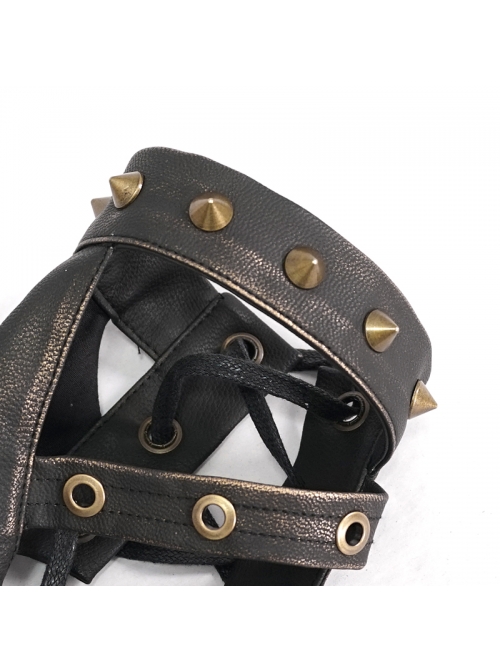 Metal Rivet Leather Strap Lace-Up Brown Leather Gloves