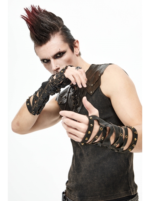 Metal Rivet Leather Strap Lace-Up Brown Leather Gloves