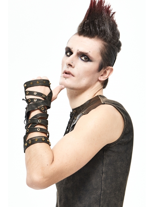 Metal Rivet Leather Strap Lace-Up Brown Leather Gloves