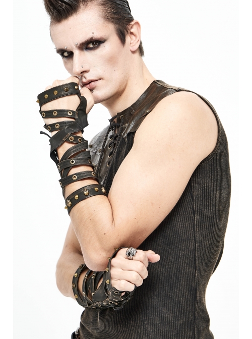 Metal Rivet Leather Strap Lace-Up Brown Leather Gloves
