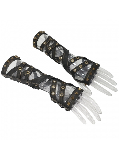 Metal Rivet Leather Strap Lace-Up Brown Leather Gloves