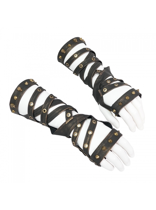 Metal Rivet Leather Strap Lace-Up Brown Leather Gloves