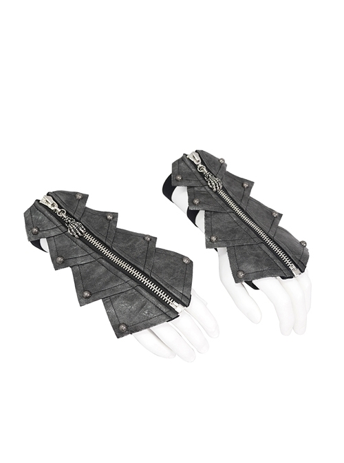 Metal Zipper Armor-Shaped Side Nail Black Punk Leather Gloves