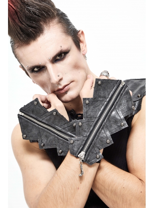 Metal Zipper Armor-Shaped Side Nail Black Punk Leather Gloves