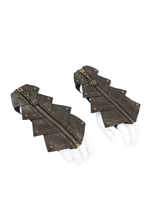 Metal Zipper Armor-Shaped Side Nail Brown Punk Leather Gloves