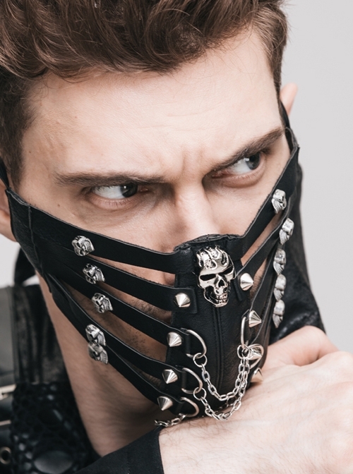 Skull Rivet Metal Chain Decoration Black Punk Hollow-Out Leather Mask