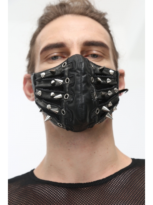 Metal Rivet Decoration Splice Mesh Black And Silver Leather Mask