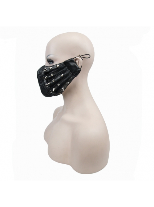 Metal Rivet Decoration Splice Mesh Black And Silver Leather Mask