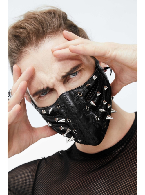 Metal Rivet Decoration Splice Mesh Black And Silver Leather Mask