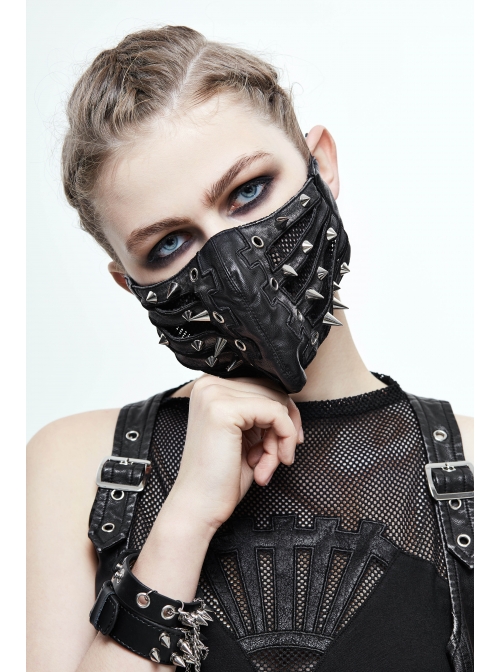 Metal Rivet Decoration Splice Mesh Black And Silver Leather Mask