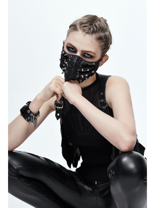 Metal Rivet Decoration Splice Mesh Black And Silver Leather Mask