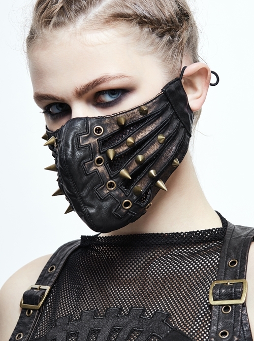 Metal Rivet Decoration Splice Mesh Black And Bronze Leather Mask