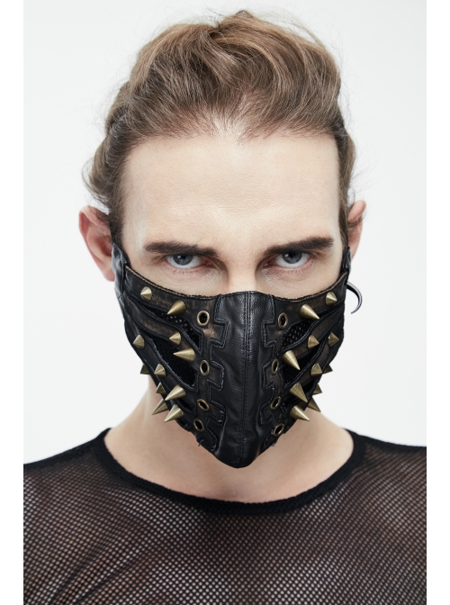 Metal Rivet Decoration Splice Mesh Black And Bronze Leather Mask