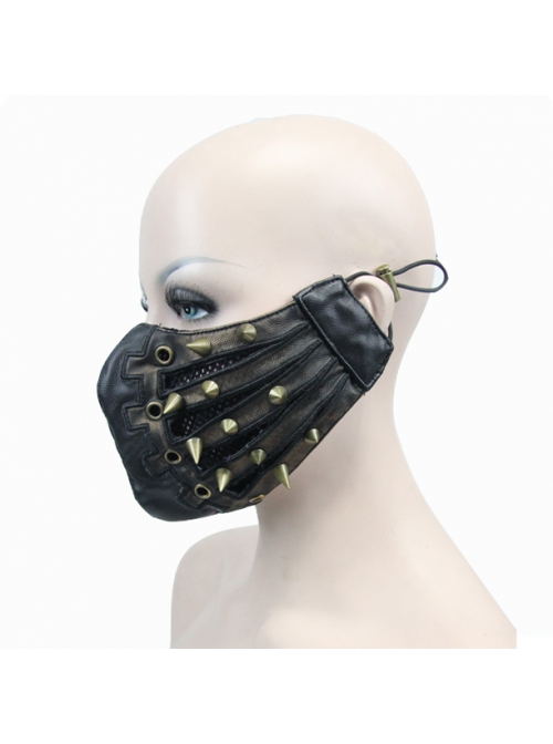 Metal Rivet Decoration Splice Mesh Black And Bronze Leather Mask