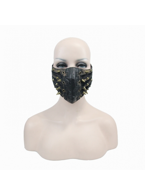 Metal Rivet Decoration Splice Mesh Black And Bronze Leather Mask