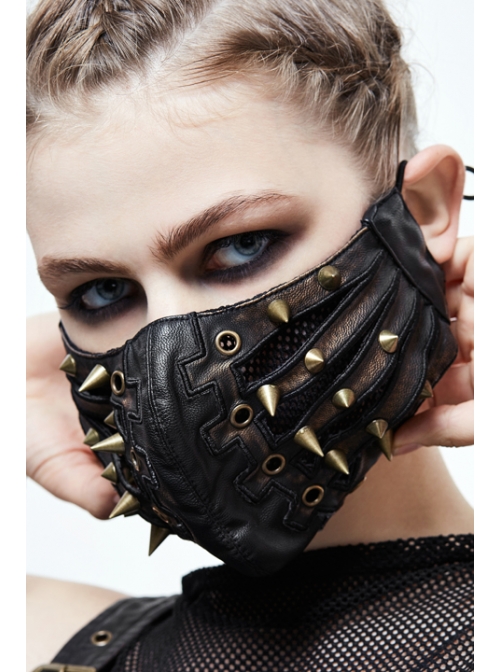 Metal Rivet Decoration Splice Mesh Black And Bronze Leather Mask