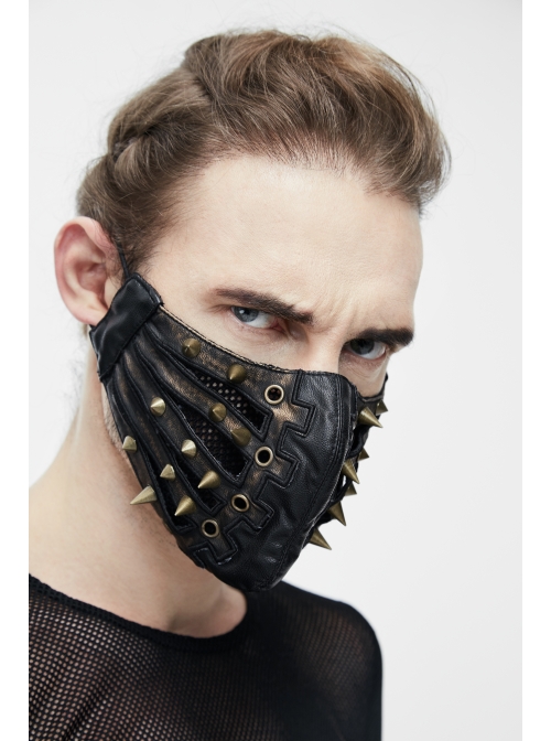 Metal Rivet Decoration Splice Mesh Black And Bronze Leather Mask
