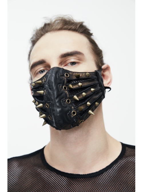 Metal Rivet Decoration Splice Mesh Black And Bronze Leather Mask
