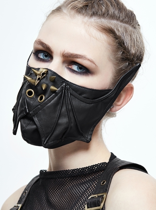 Front Metal Rivet Side Bat Wings Black Punk Rough Leather Mask