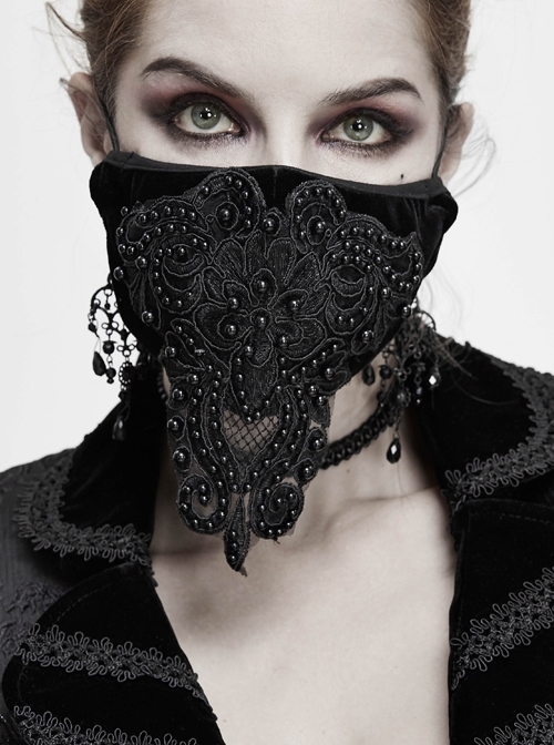 Front Decals Lace Beads Black Gothic Velvet Mask