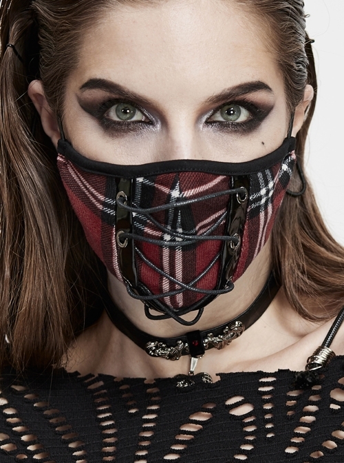 Front Metal Eyelets Lace-Up Red Plaid Punk Knit Mask