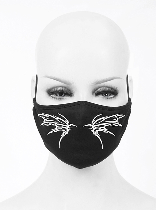 Front White Wing Print Black Punk Knit Mesh Mask