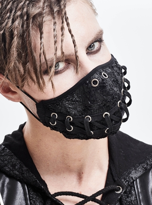 Torn Mouth Pattern Ribbons Lace-Up Black Punk Knit Mask