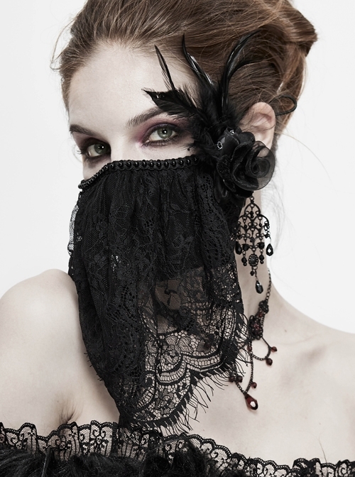 Front Beads Lace Side Feather Roses Decoration Black Gothic Mask