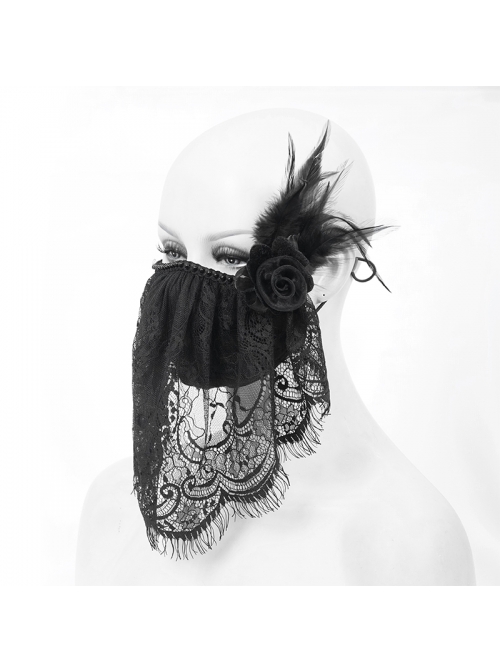 Front Beads Lace Side Feather Roses Decoration Black Gothic Mask