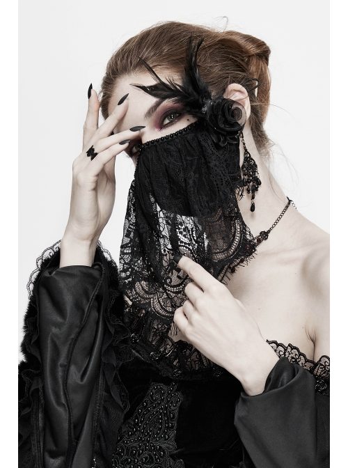 Front Beads Lace Side Feather Roses Decoration Black Gothic Mask